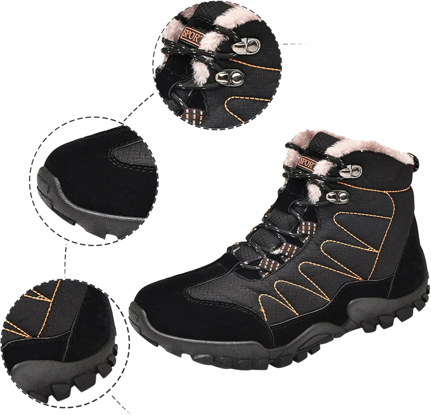 Men's Snow Boots Waterproof Fuzzy Furry Lined Winter Boots Lace Up Sneakers Cold Weather Anti-Slip Ankle Boots Classic Slip on Lightweight Hiking Shoes