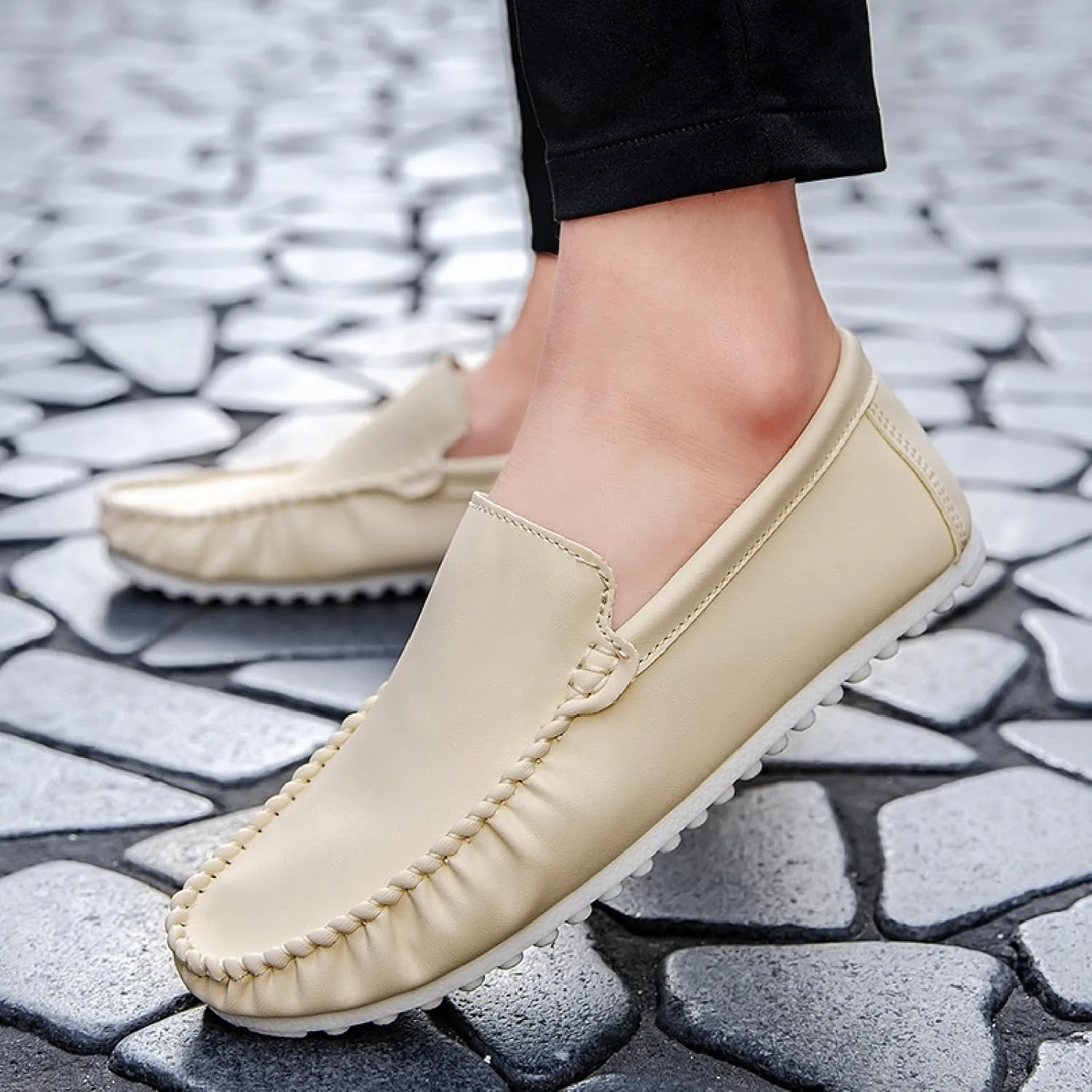 Mens Soft Leather Loafers Casual Fashion Light Breathable Slip On Penny Loafers Handmade Stitching Casual Driving Dress Boat Shoe