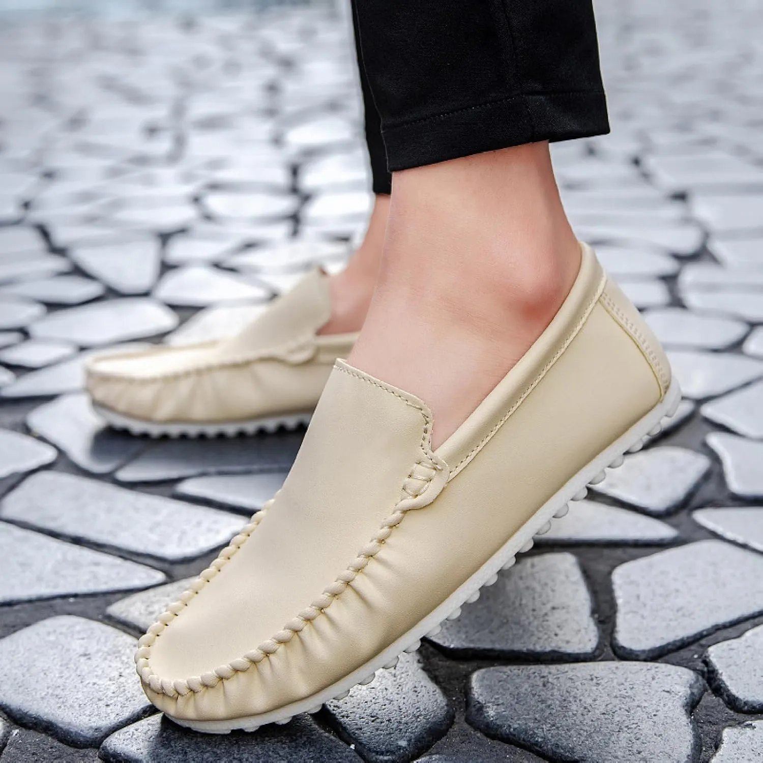Mens Soft Leather Loafers Casual Fashion Light Breathable Slip On Penny Loafers Handmade Stitching Casual Driving Dress Boat Shoe