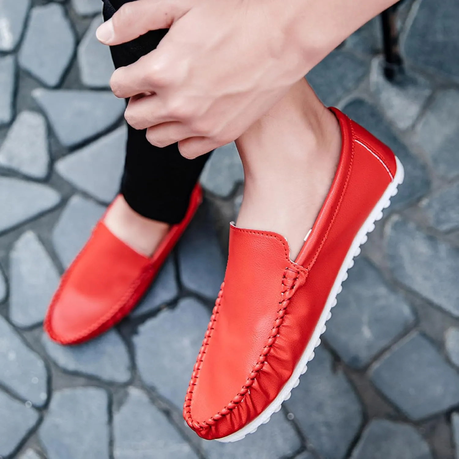 Mens Soft Leather Loafers Casual Fashion Light Breathable Slip On Penny Loafers Handmade Stitching Casual Driving Dress Boat Shoe