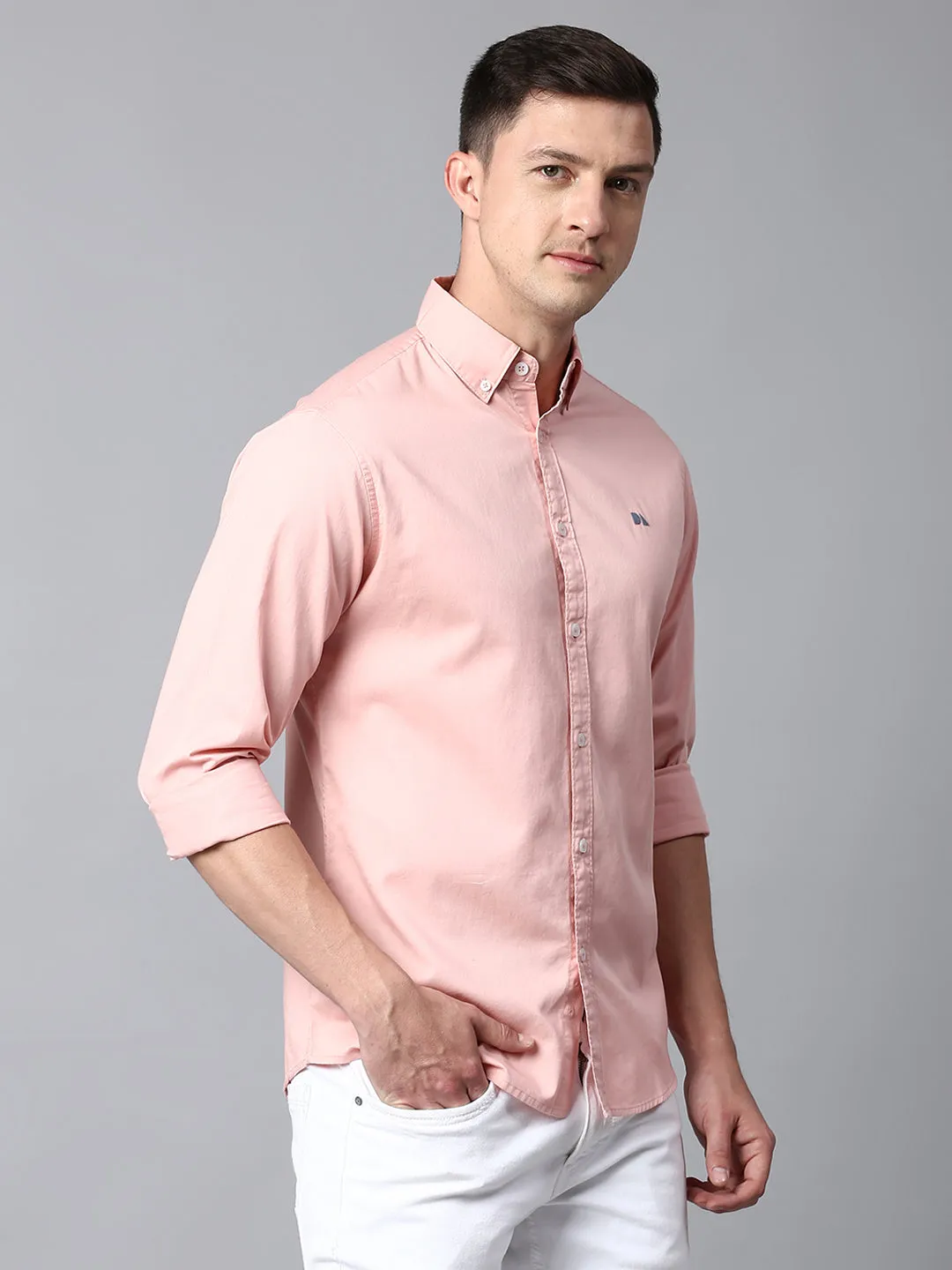 Men's Solid Dusty Peach Slim Fit Casual Shirt With Button Down