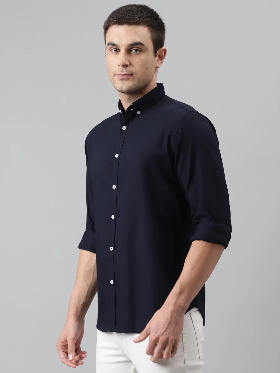 Men's Solid Navy Slim Fit Cotton Casual Shirt