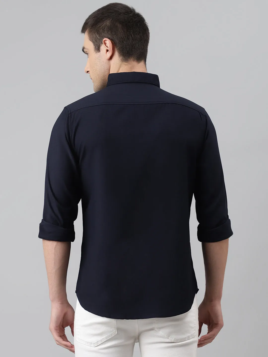 Men's Solid Navy Slim Fit Cotton Casual Shirt