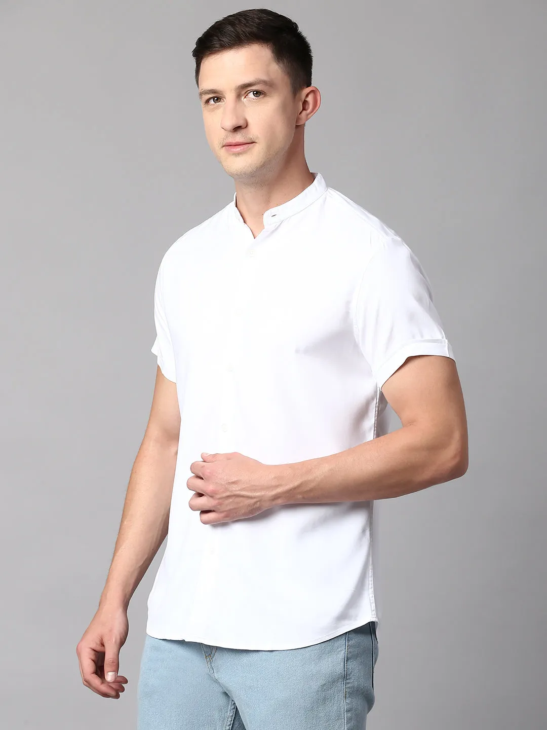 Men's Solid White Slim Fit Casual Shirt With Mandarin Collar
