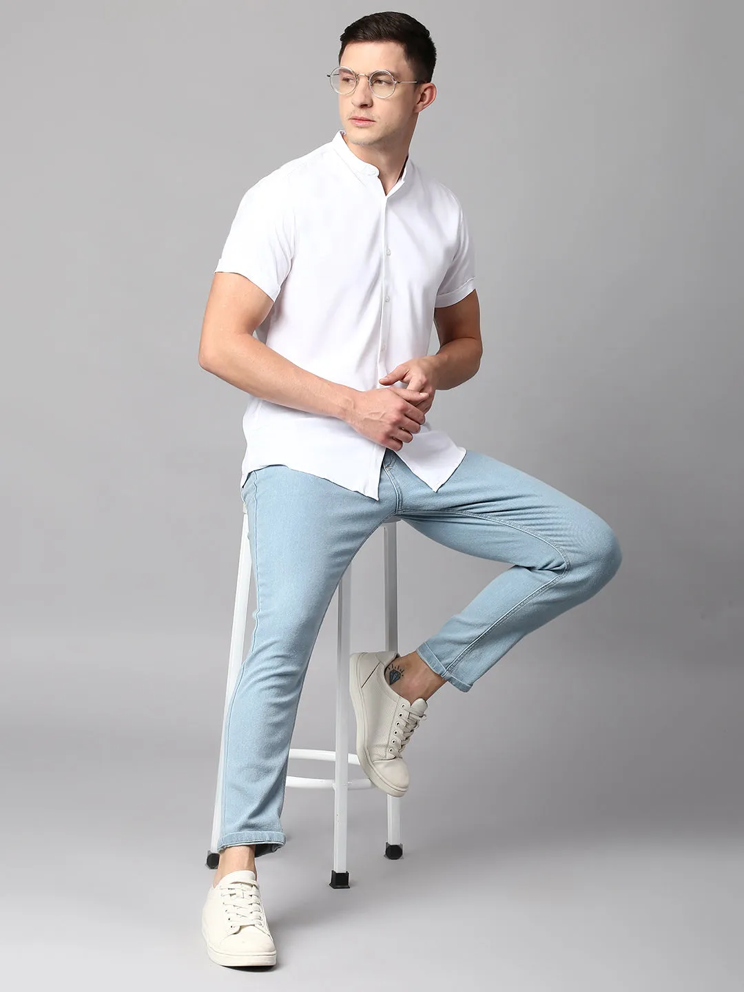 Men's Solid White Slim Fit Casual Shirt With Mandarin Collar