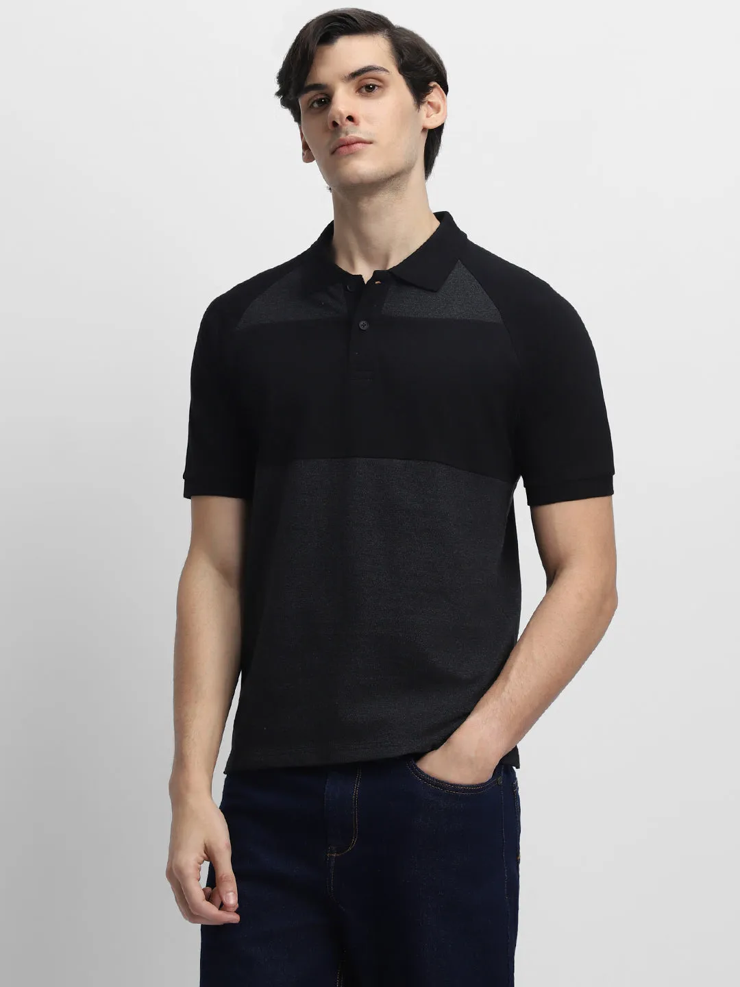 Men's Spread Collar Regular Fit Colorblock Black T-shirt