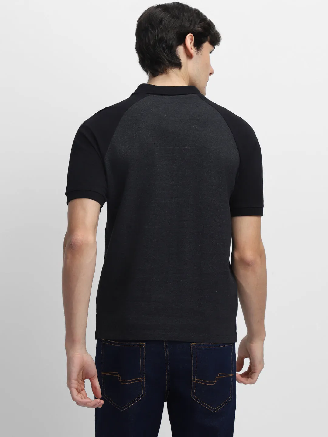 Men's Spread Collar Regular Fit Colorblock Black T-shirt