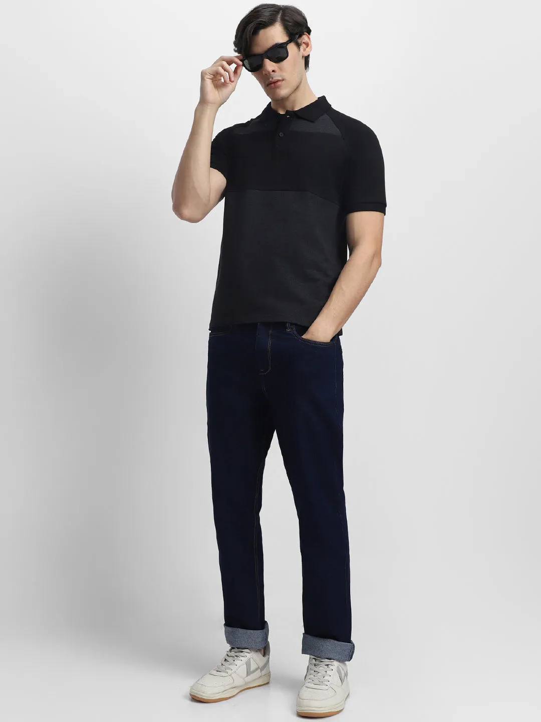 Men's Spread Collar Regular Fit Colorblock Black T-shirt