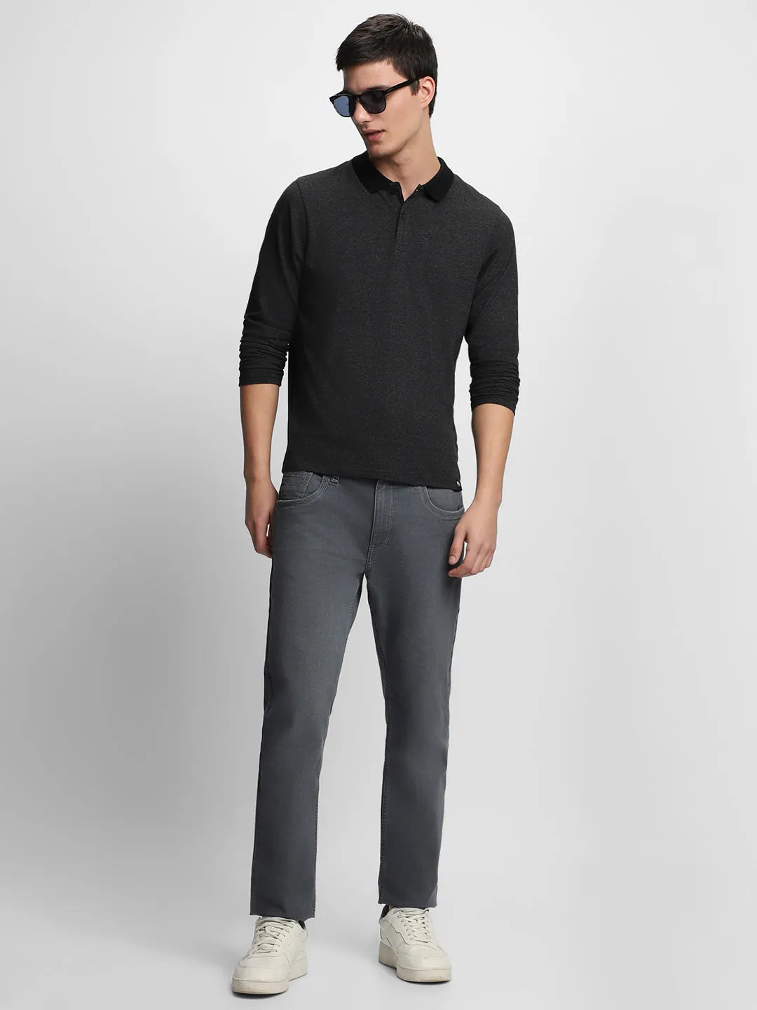 Men's Spread Collar Regular Fit Solid Grey Casual T-shirt