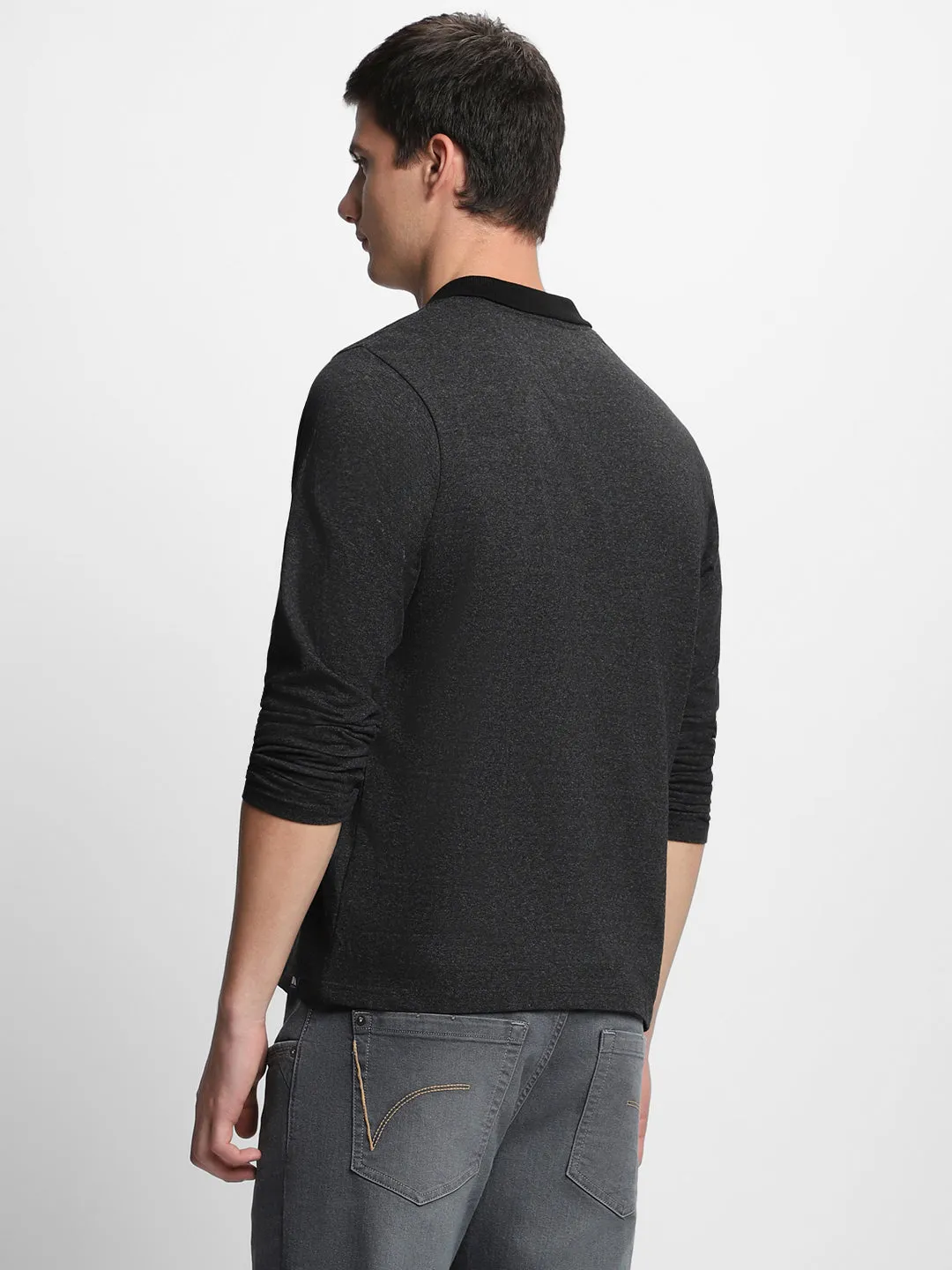 Men's Spread Collar Regular Fit Solid Grey Casual T-shirt