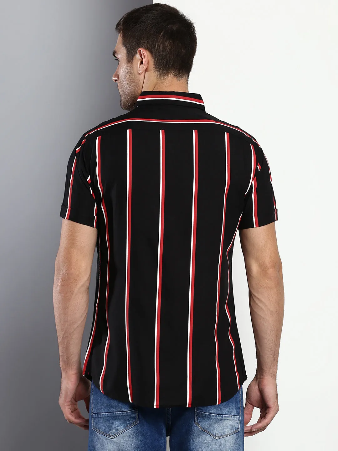 Men's Striped Black Slim Fit Rayon Casual Shirt With Spread Collar & Half Sleeves
