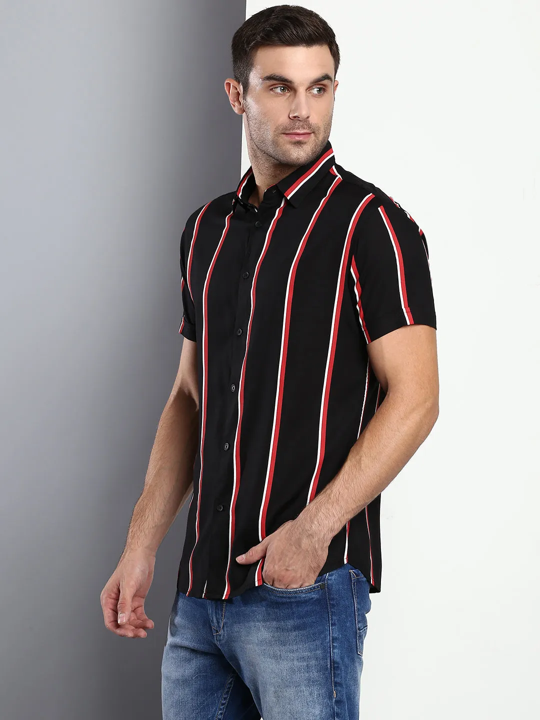Men's Striped Black Slim Fit Rayon Casual Shirt With Spread Collar & Half Sleeves