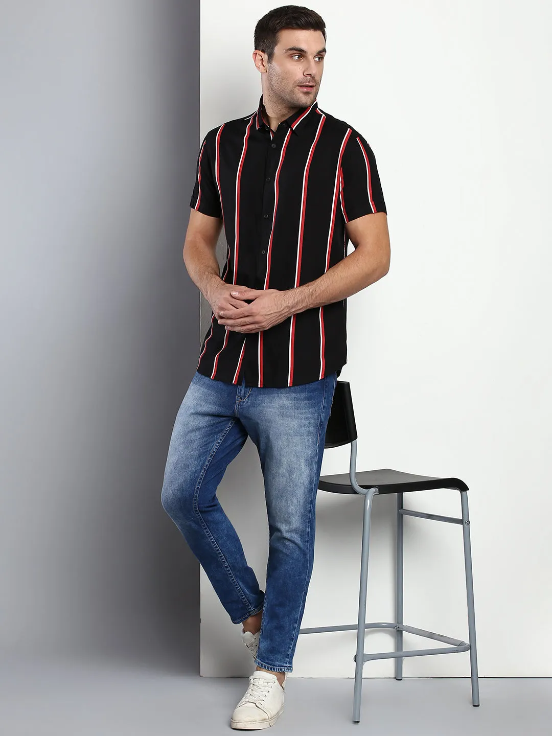 Men's Striped Black Slim Fit Rayon Casual Shirt With Spread Collar & Half Sleeves