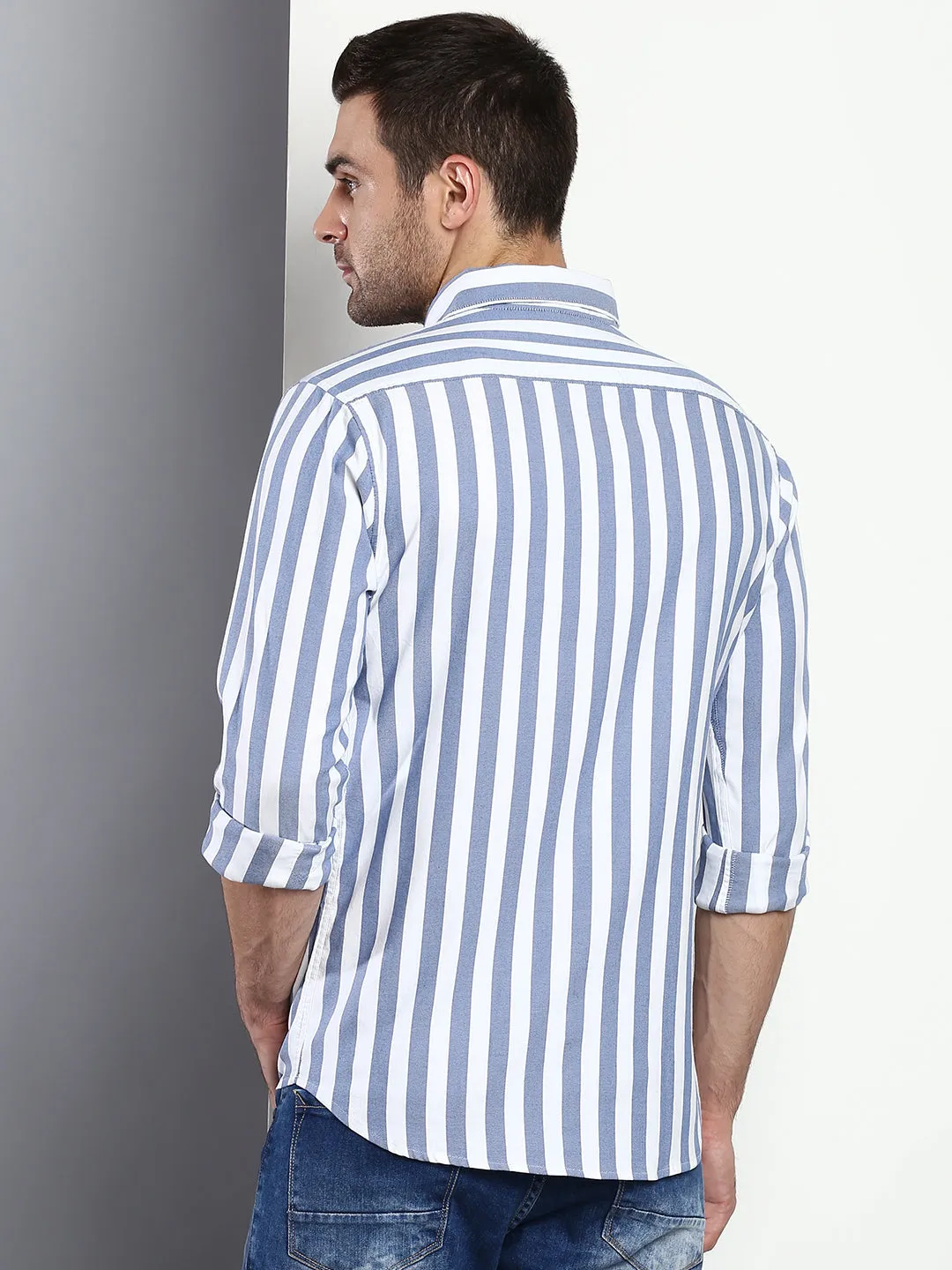 Men's Striped Blue Slim Fit Cotton Casual Shirt With Button Down Collar & Full Sleeves