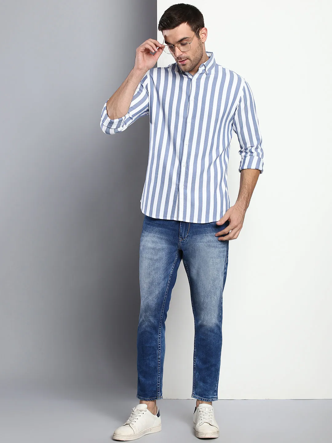 Men's Striped Blue Slim Fit Cotton Casual Shirt With Button Down Collar & Full Sleeves
