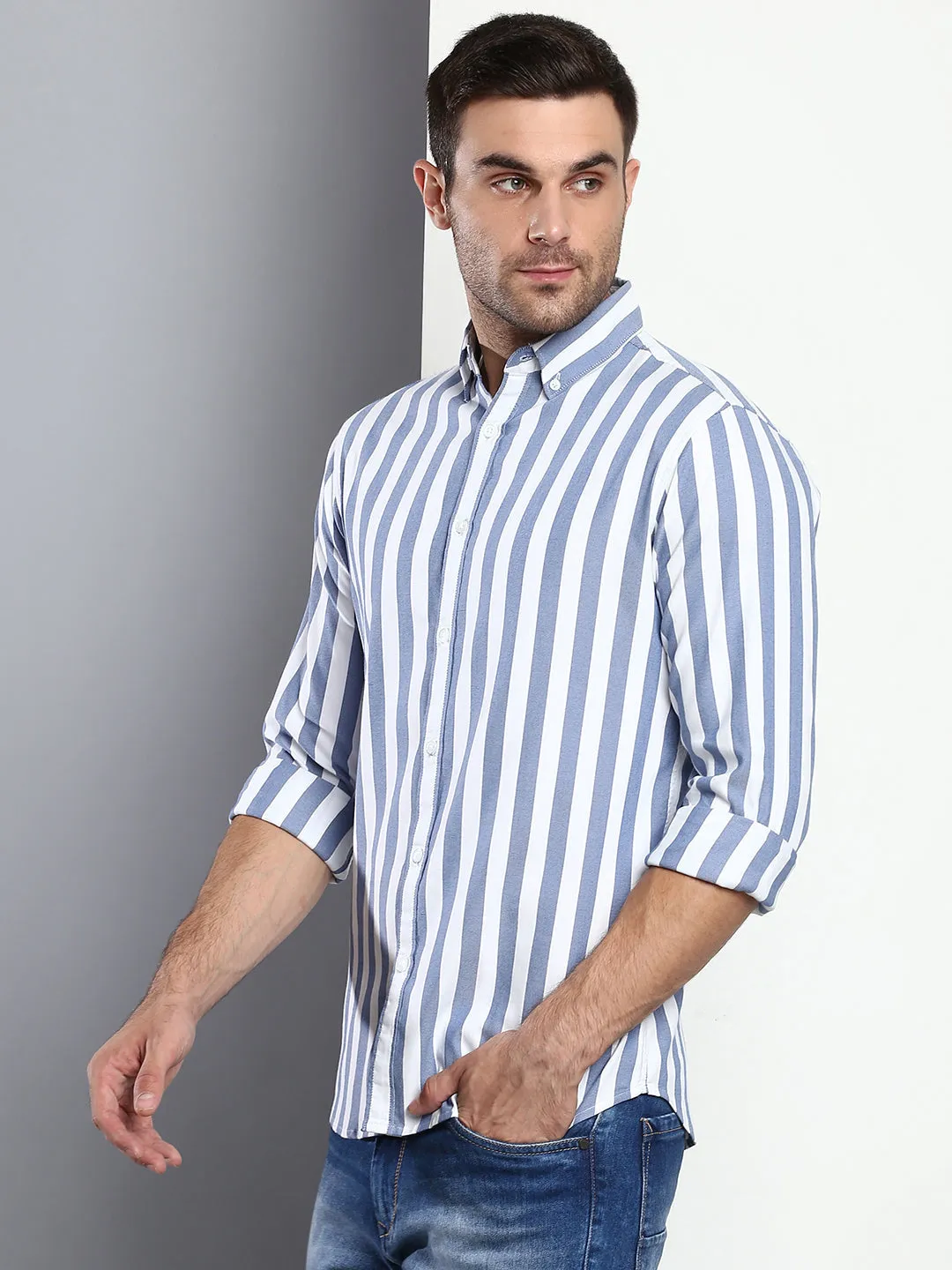 Men's Striped Blue Slim Fit Cotton Casual Shirt With Button Down Collar & Full Sleeves