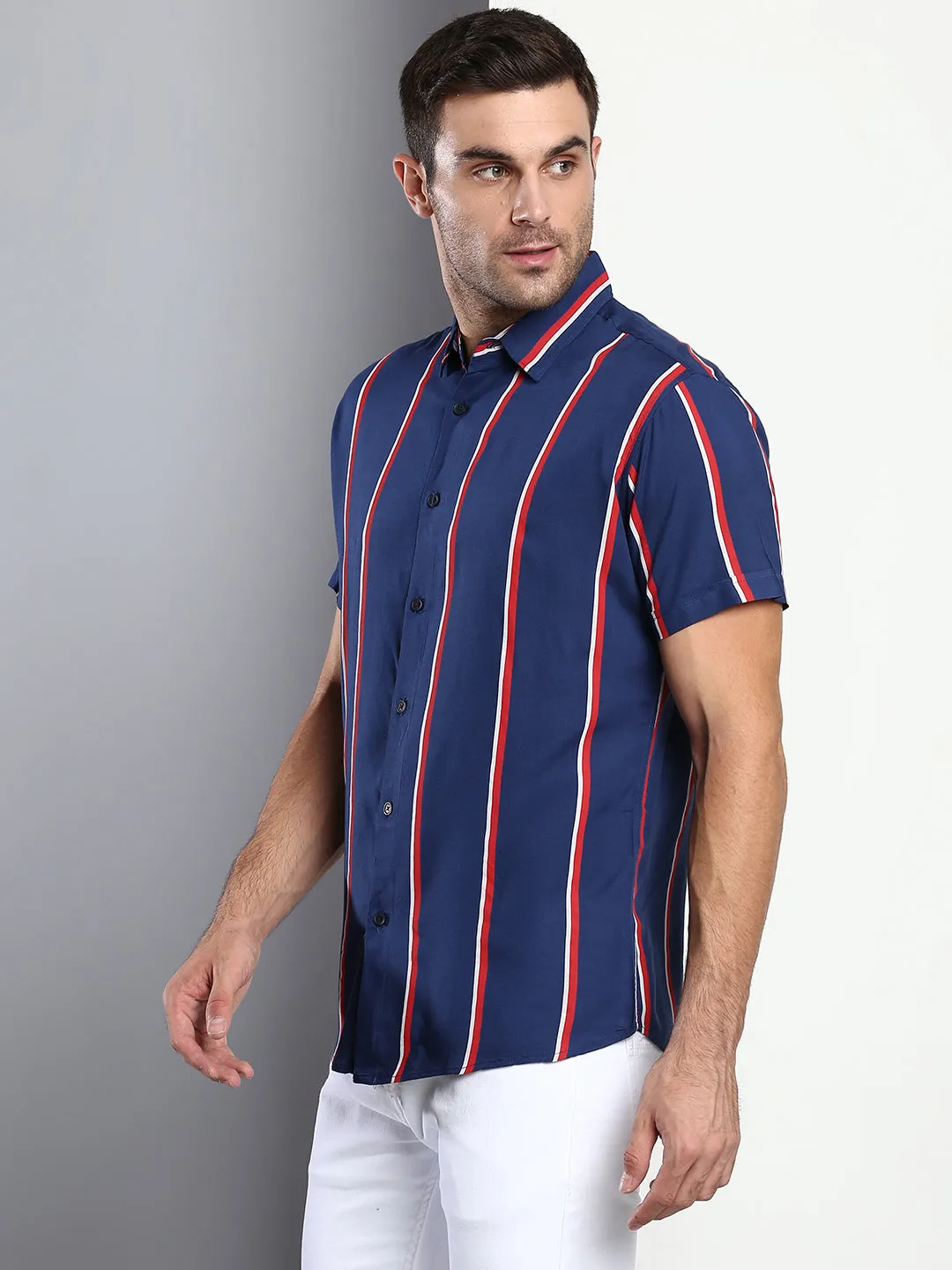 Men's Striped Blue Slim Fit Rayon Casual Shirt With Spread Collar & Half Sleeves