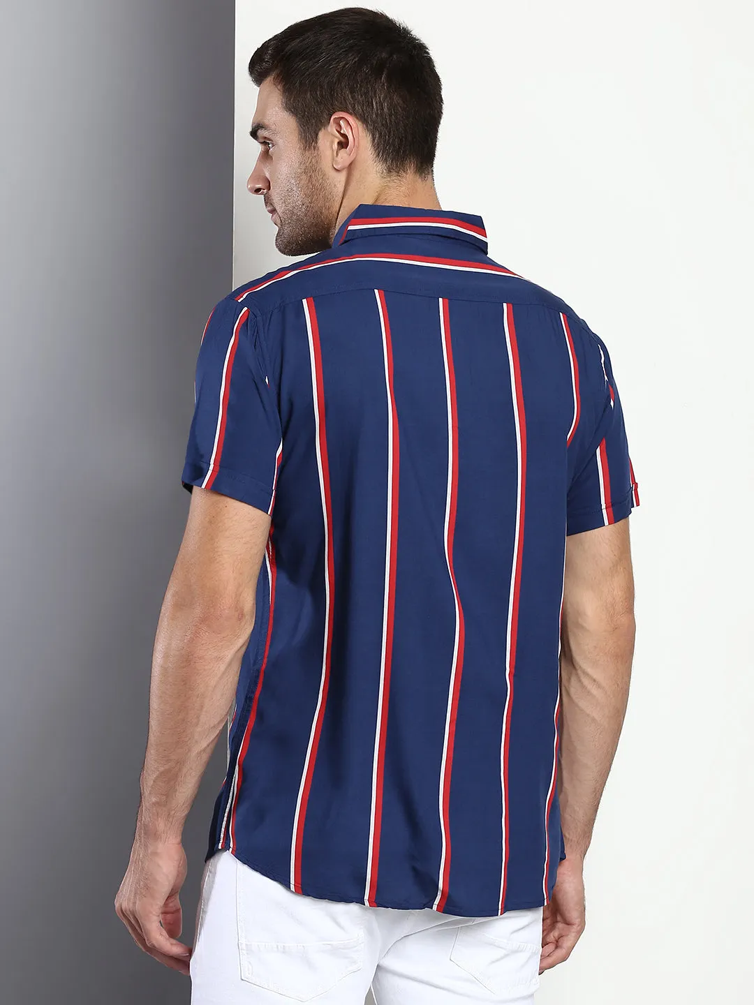 Men's Striped Blue Slim Fit Rayon Casual Shirt With Spread Collar & Half Sleeves