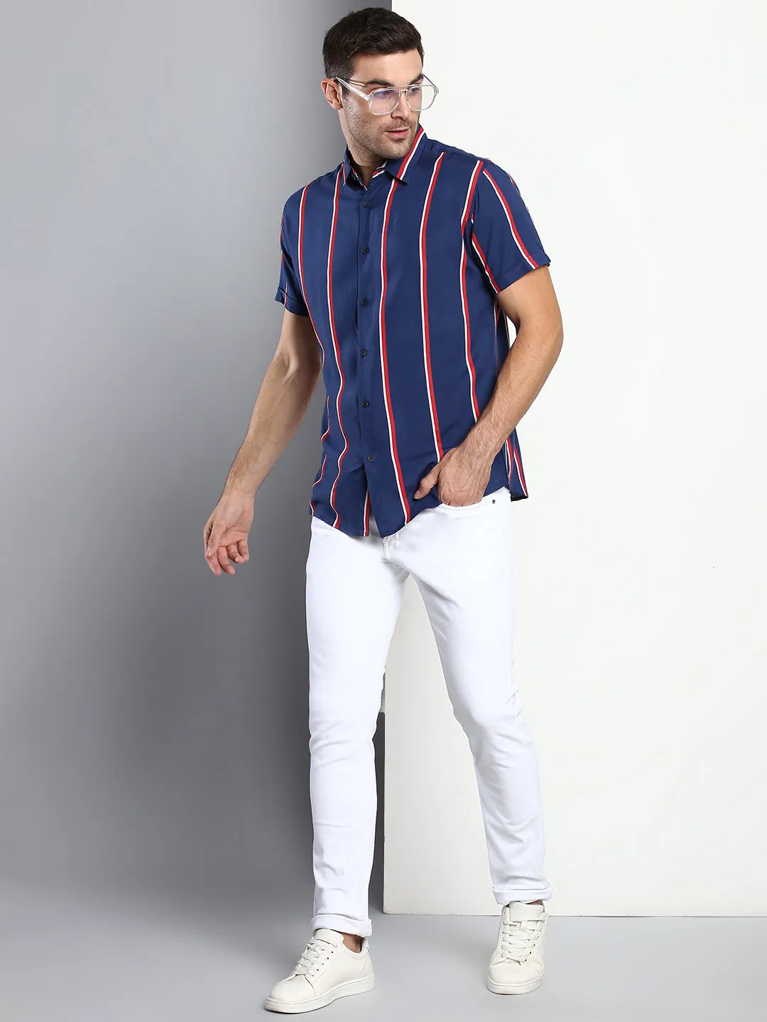 Men's Striped Blue Slim Fit Rayon Casual Shirt With Spread Collar & Half Sleeves
