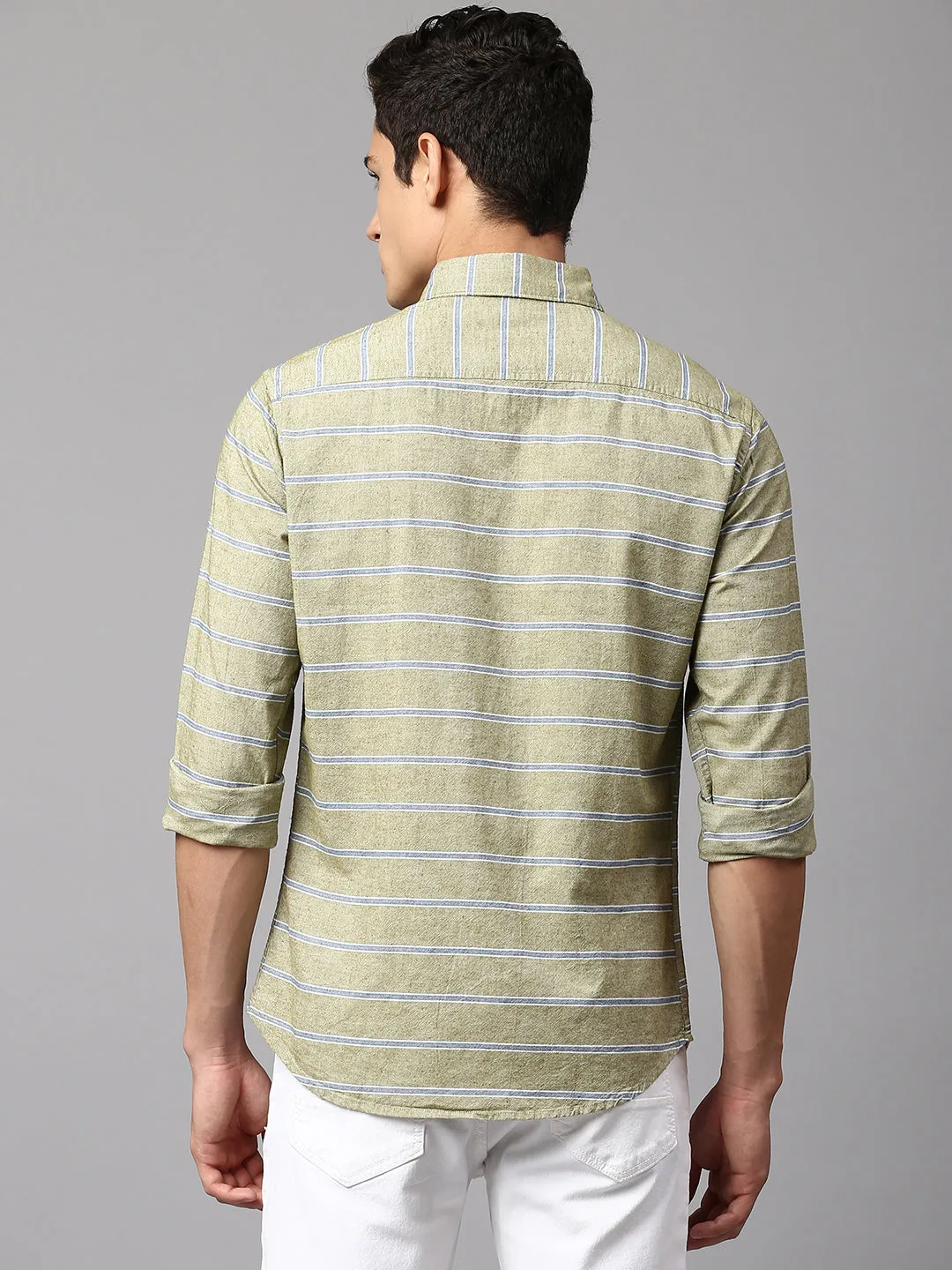 Men's Striped Green Slim Fit Casual Shirt Button-Down Collar