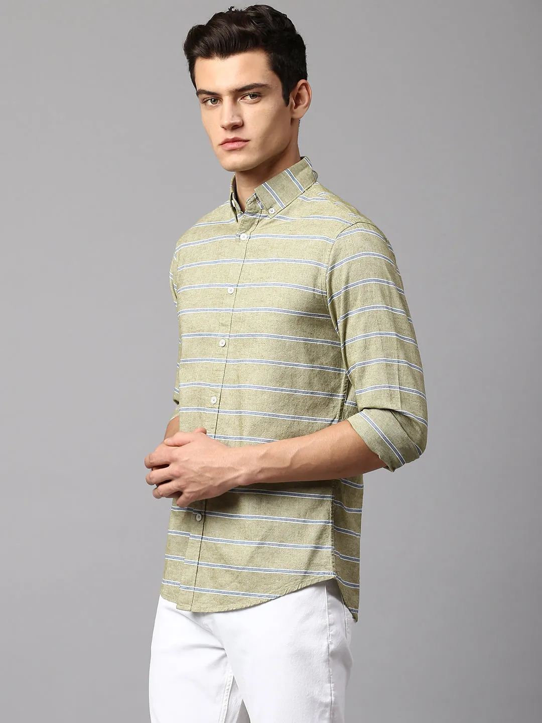 Men's Striped Green Slim Fit Casual Shirt Button-Down Collar