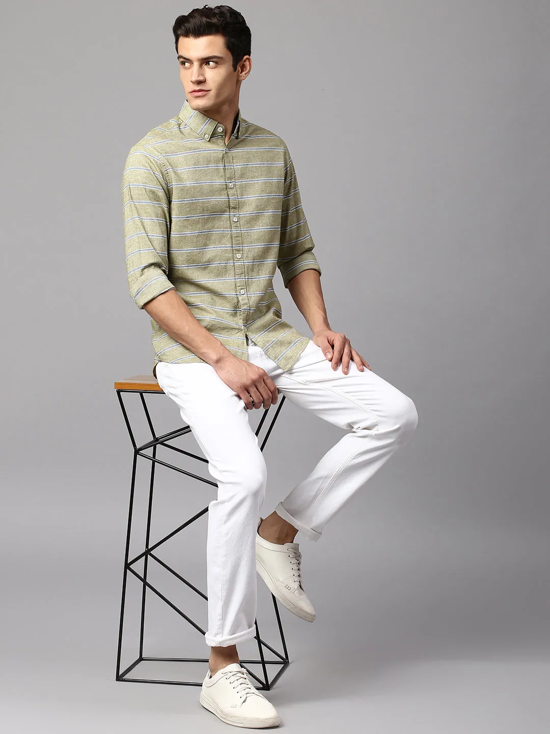 Men's Striped Green Slim Fit Casual Shirt Button-Down Collar