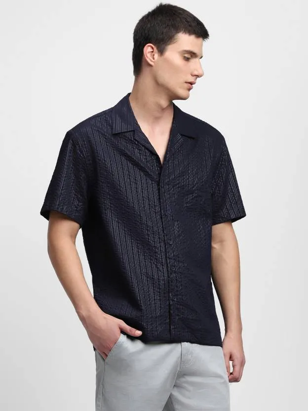 Men's Textured Navy Cuban Collar Casual Shirt