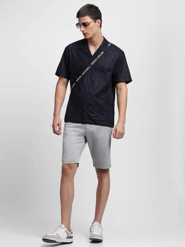 Men's Textured Navy Cuban Collar Casual Shirt