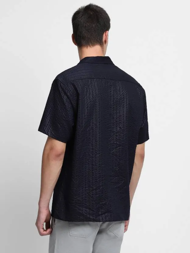 Men's Textured Navy Cuban Collar Casual Shirt