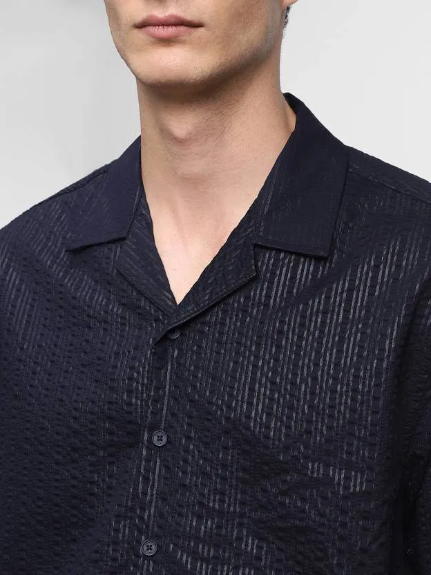 Men's Textured Navy Cuban Collar Casual Shirt