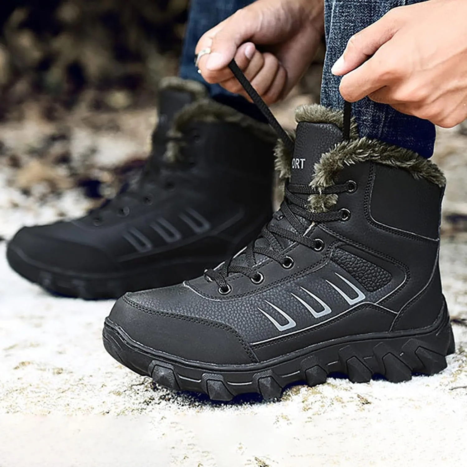 Mens Work Boots Waterproof Hiking Sneakers Zip Up Fur Lined Women's Safety Toe Shoes Waterproof Platform Sneakers Indestructible Hike Grounded Footwear