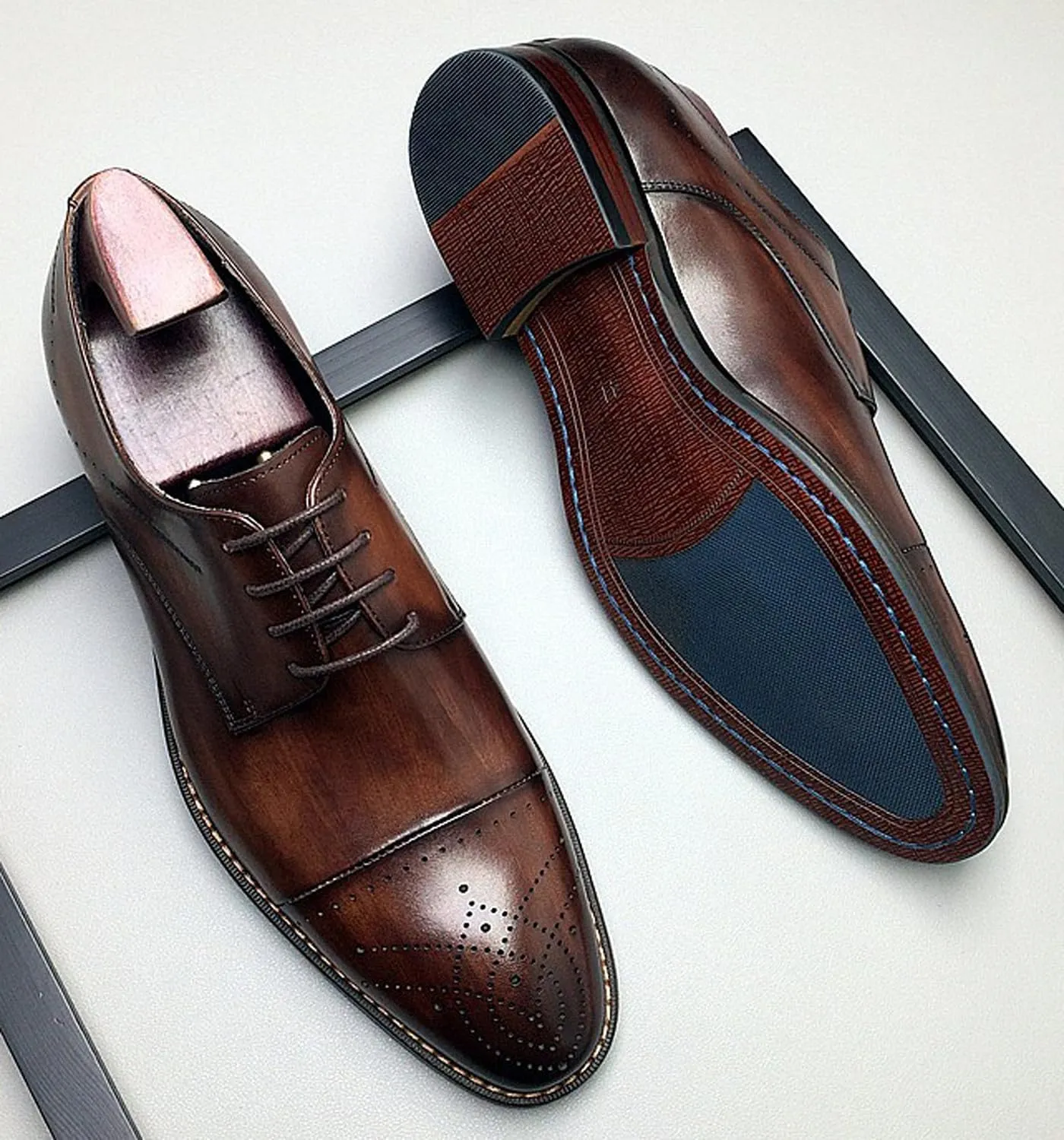 Santimon Men??s Genuine Leather Oxfords Dress Shoes ?C Handcrafted Cap-Toe Derby Shoes for Formal, Tuxedo, Prom, Wedding & Business Casual