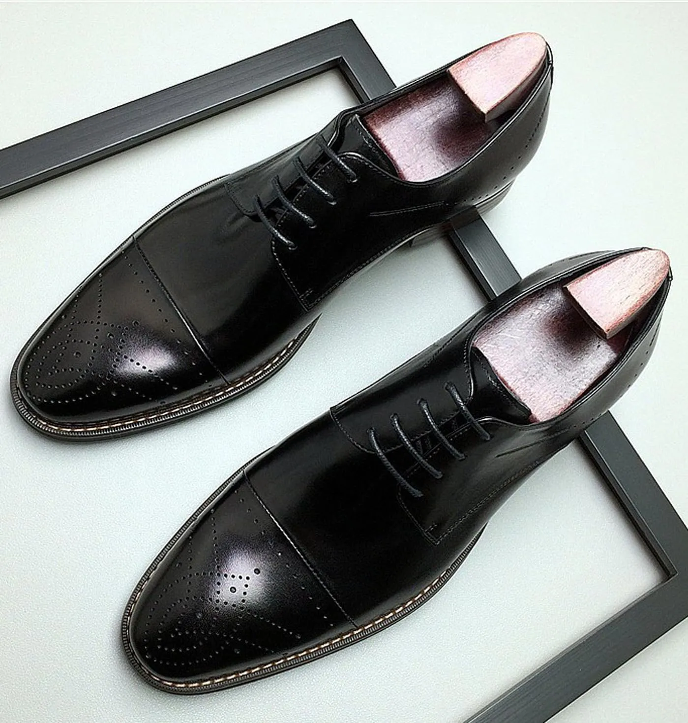 Santimon Men??s Genuine Leather Oxfords Dress Shoes ?C Handcrafted Cap-Toe Derby Shoes for Formal, Tuxedo, Prom, Wedding & Business Casual