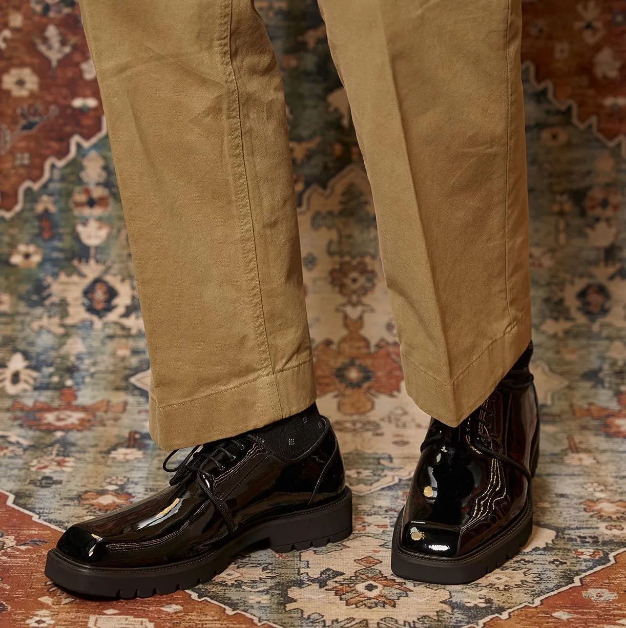 Santimon Men's Oxfords Black Formal Dress Patent Leather Handmade Unique Square Toe Derby Shoes Business Casual Thick-Soled Shoes