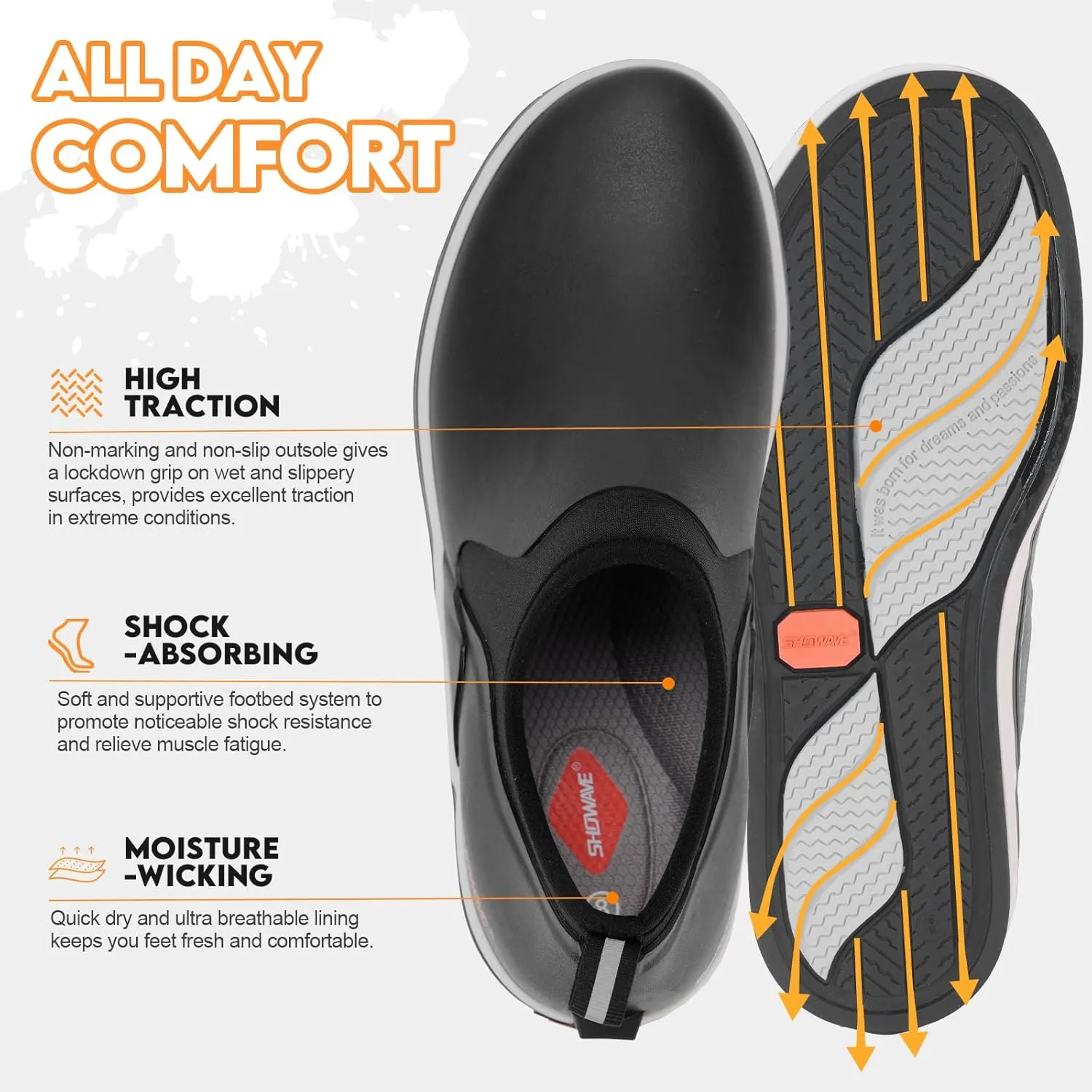 Showave Deck Shoes for Men Waterproof Garden Boots Slip-on Rain Shoe Breathable Rubber Fishing Shoes for Outdoor Mud Walking