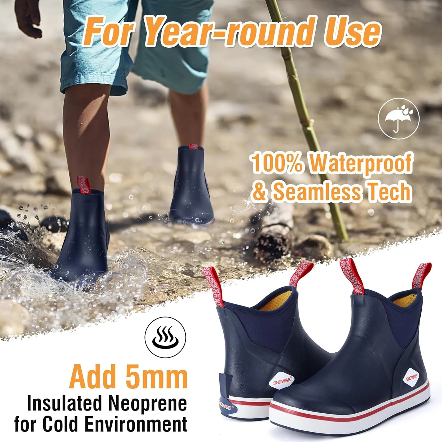 Showave Kid's Deck Boots Waterproof Ankle Rain Boots for Boys Girls Insulated Neoprene Rubber Boots Non-slip Child Rain Shoes