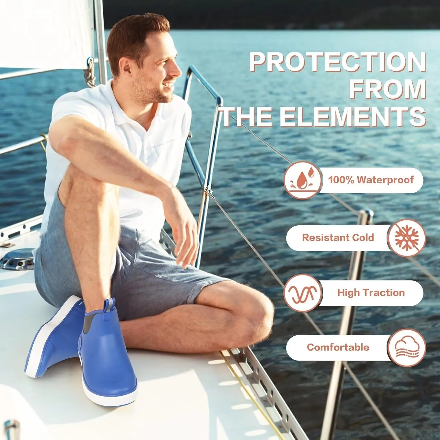 Showave Men??s Deck Boots Waterproof Ankle Saltwater Rain Boot Fishing Rubber Boots Slip On Neoprene Boat Booties Work Sailing Boot For Men