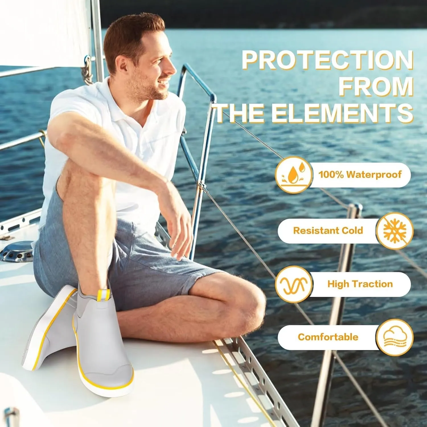 Showave Men??s Deck Boots Waterproof Ankle Saltwater Rain Boot Fishing Rubber Boots Slip On Neoprene Boat Booties Work Sailing Boot For Men