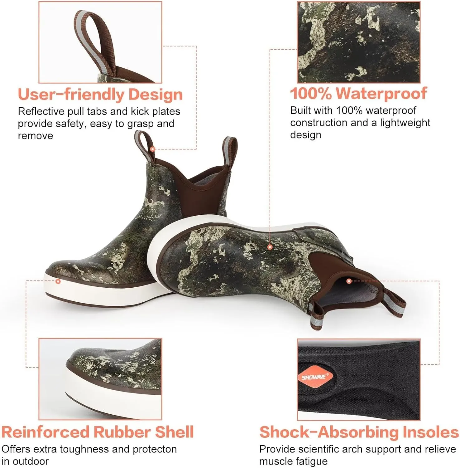 Showave Men??s Deck Boots Waterproof Ankle Saltwater Rain Boot Fishing Rubber Boots Slip On Neoprene Boat Booties Work Sailing Boot For Men