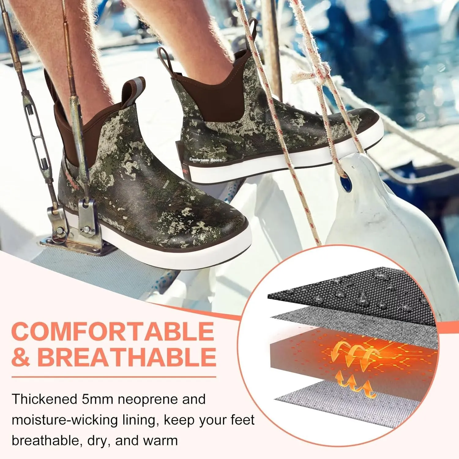 Showave Men??s Deck Boots Waterproof Ankle Saltwater Rain Boot Fishing Rubber Boots Slip On Neoprene Boat Booties Work Sailing Boot For Men