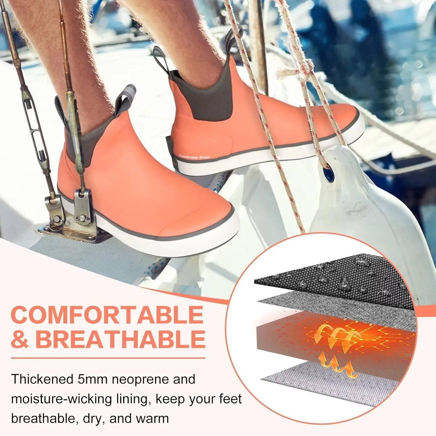 Showave Men??s Deck Boots Waterproof Ankle Saltwater Rain Boot Fishing Rubber Boots Slip On Neoprene Boat Booties Work Sailing Boot For Men