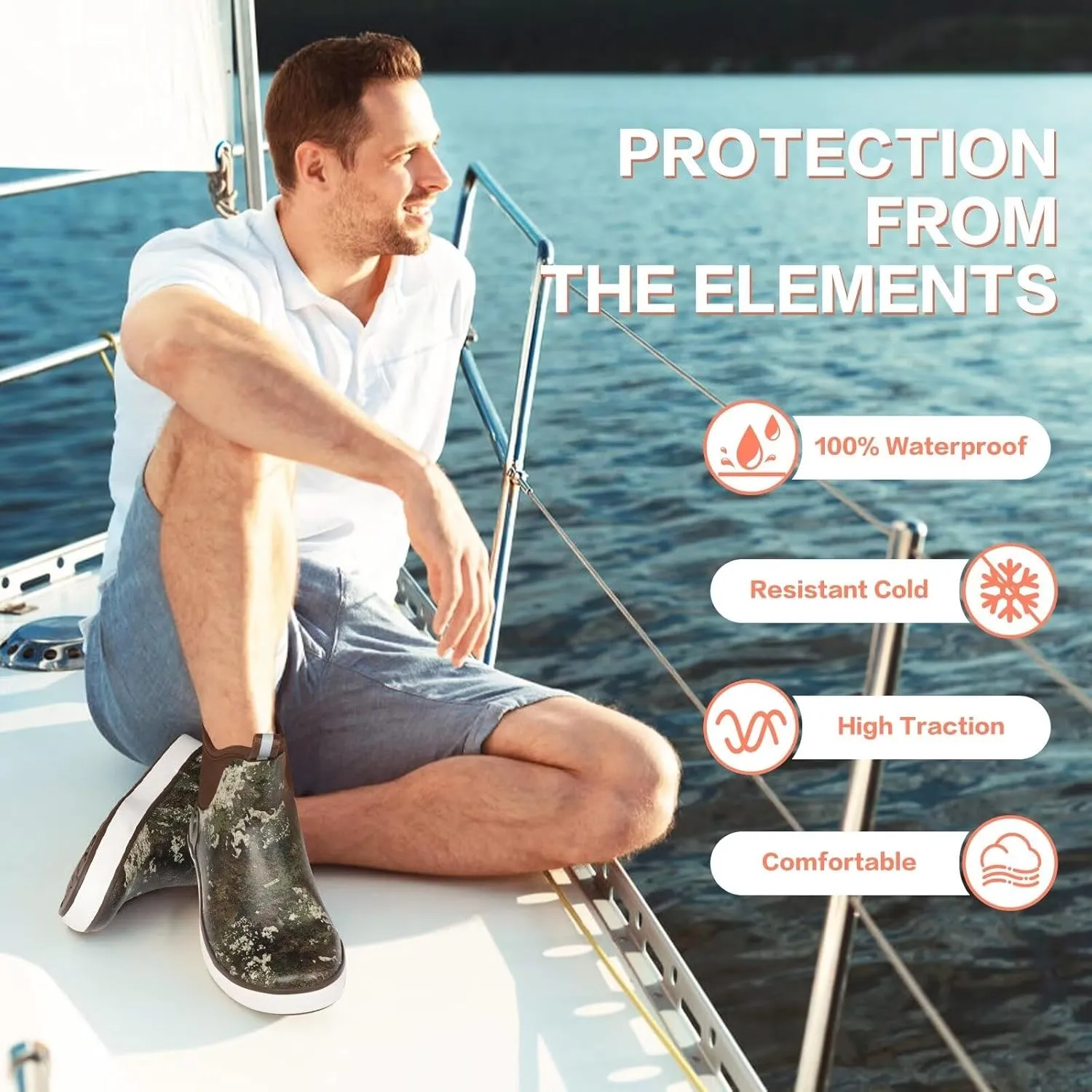 Showave Men??s Deck Boots Waterproof Ankle Saltwater Rain Boot Fishing Rubber Boots Slip On Neoprene Boat Booties Work Sailing Boot For Men