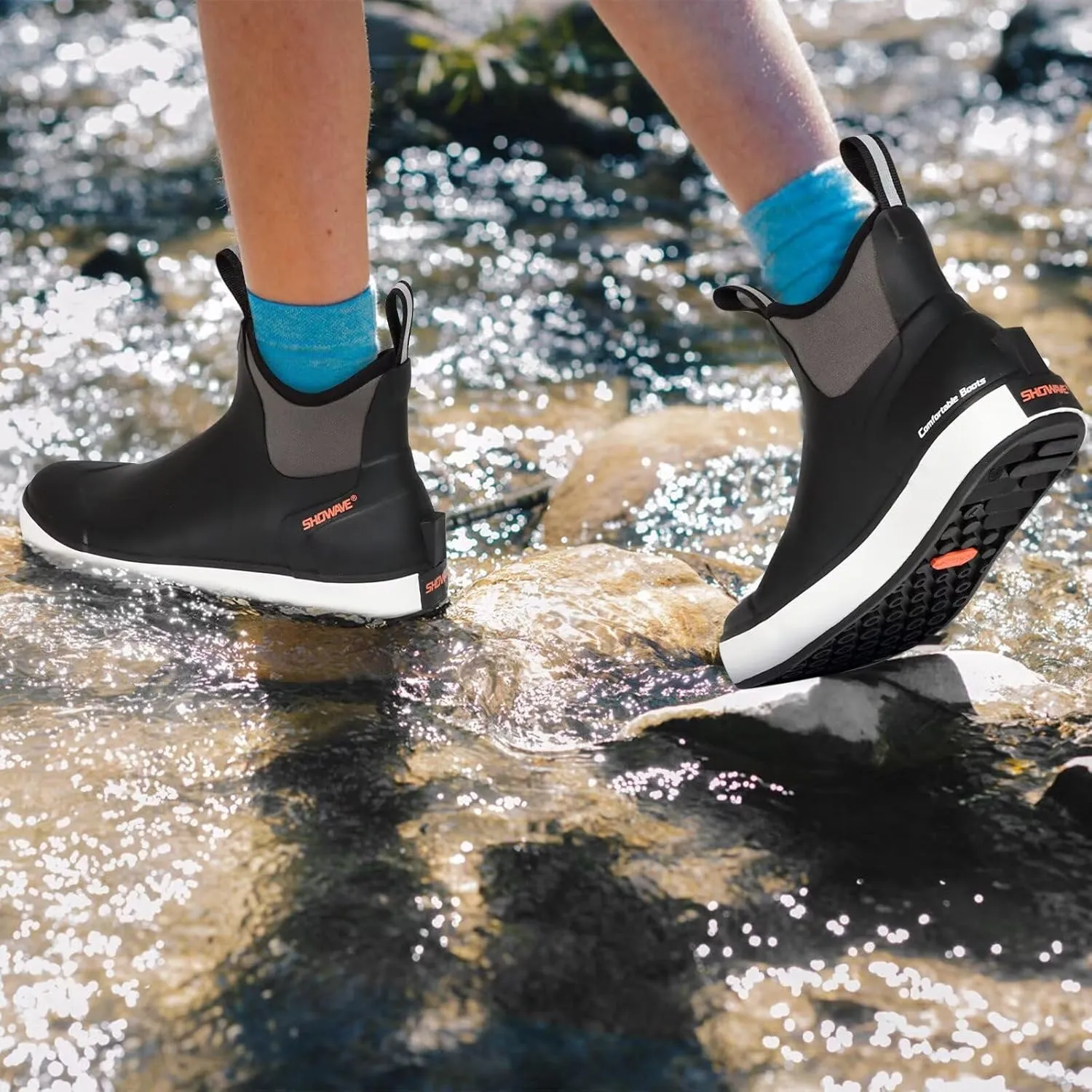 Showave Men??s Deck Boots Waterproof Ankle Saltwater Rain Boot Fishing Rubber Boots Slip On Neoprene Boat Booties Work Sailing Boot For Men