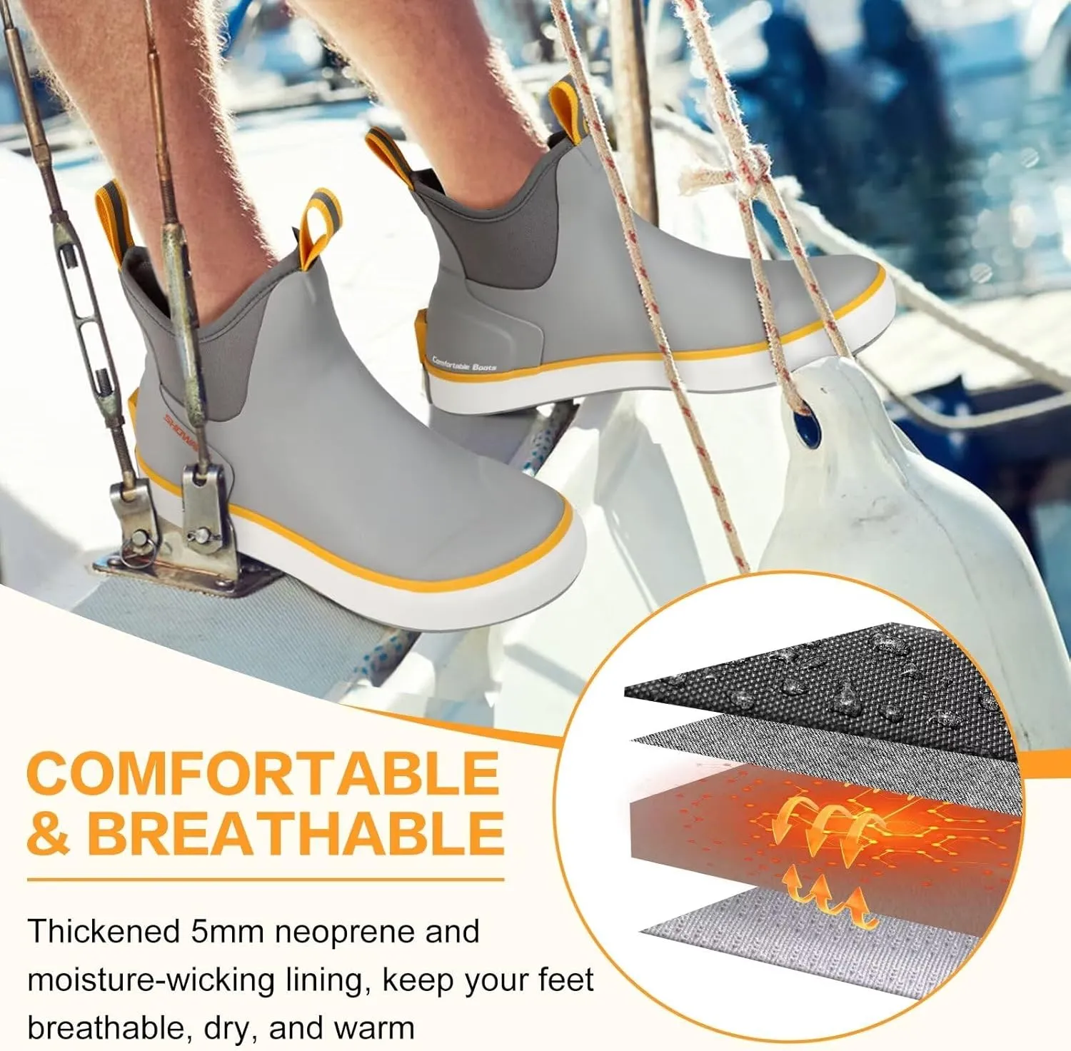 Showave Men??s Deck Boots Waterproof Ankle Saltwater Rain Boot Fishing Rubber Boots Slip On Neoprene Boat Booties Work Sailing Boot For Men