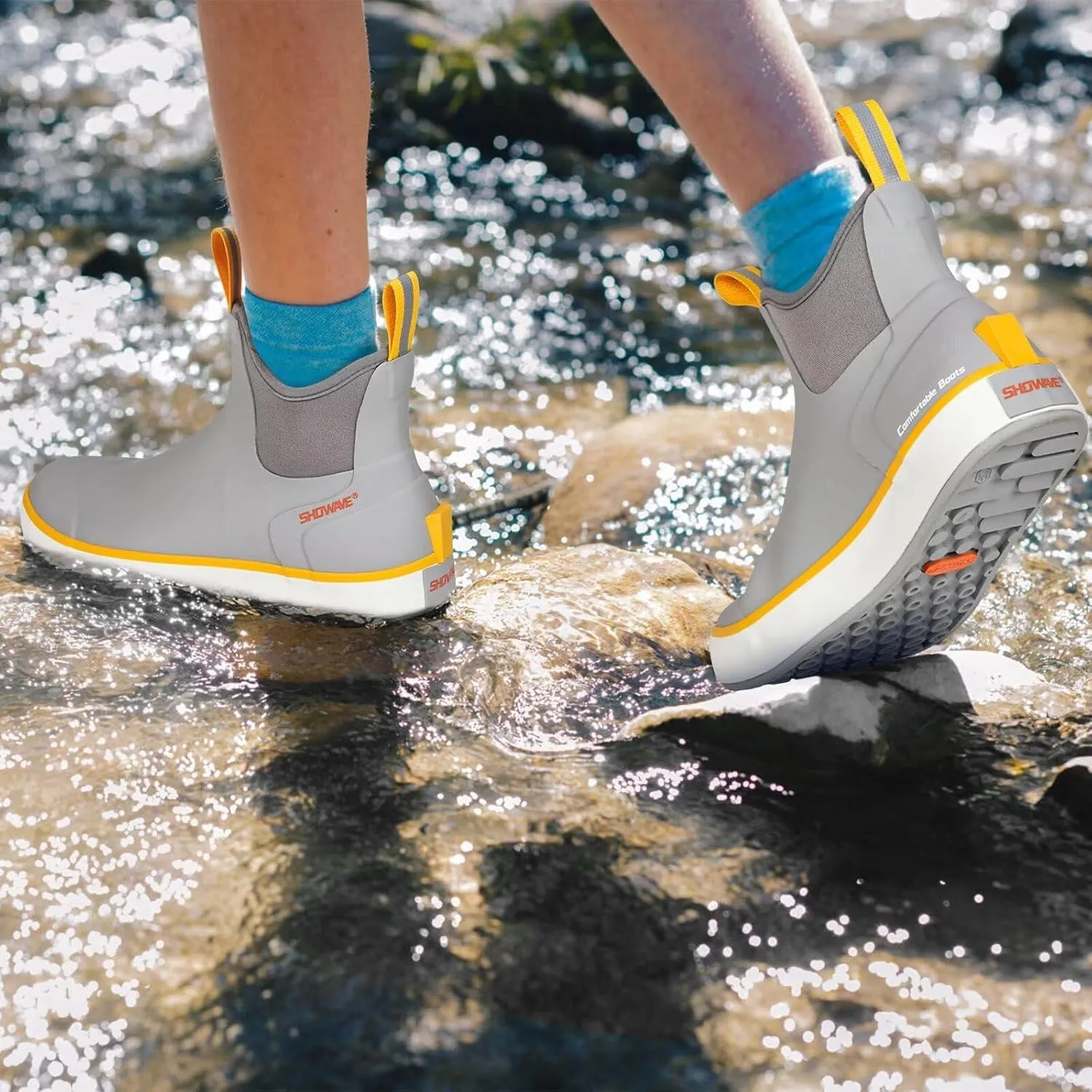 Showave Men??s Deck Boots Waterproof Ankle Saltwater Rain Boot Fishing Rubber Boots Slip On Neoprene Boat Booties Work Sailing Boot For Men