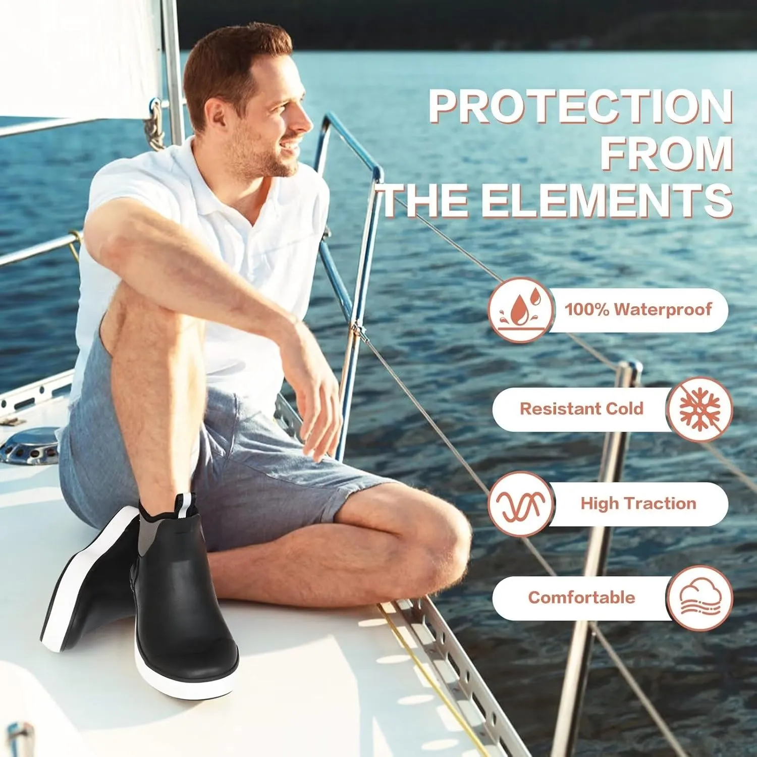 Showave Men??s Deck Boots Waterproof Ankle Saltwater Rain Boot Fishing Rubber Boots Slip On Neoprene Boat Booties Work Sailing Boot For Men