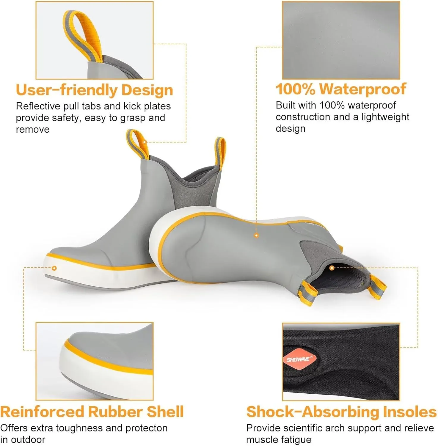 Showave Men??s Deck Boots Waterproof Ankle Saltwater Rain Boot Fishing Rubber Boots Slip On Neoprene Boat Booties Work Sailing Boot For Men