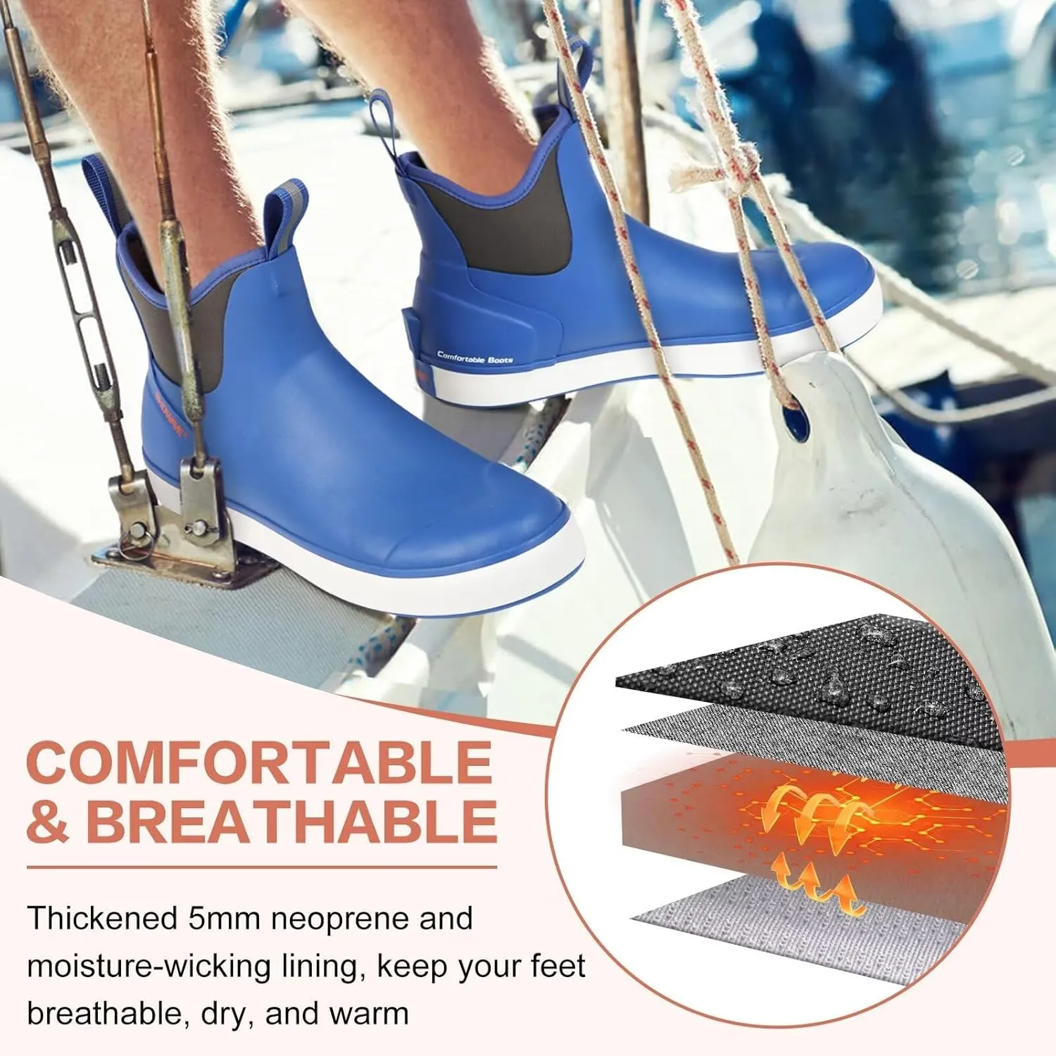 Showave Men??s Deck Boots Waterproof Ankle Saltwater Rain Boot Fishing Rubber Boots Slip On Neoprene Boat Booties Work Sailing Boot For Men