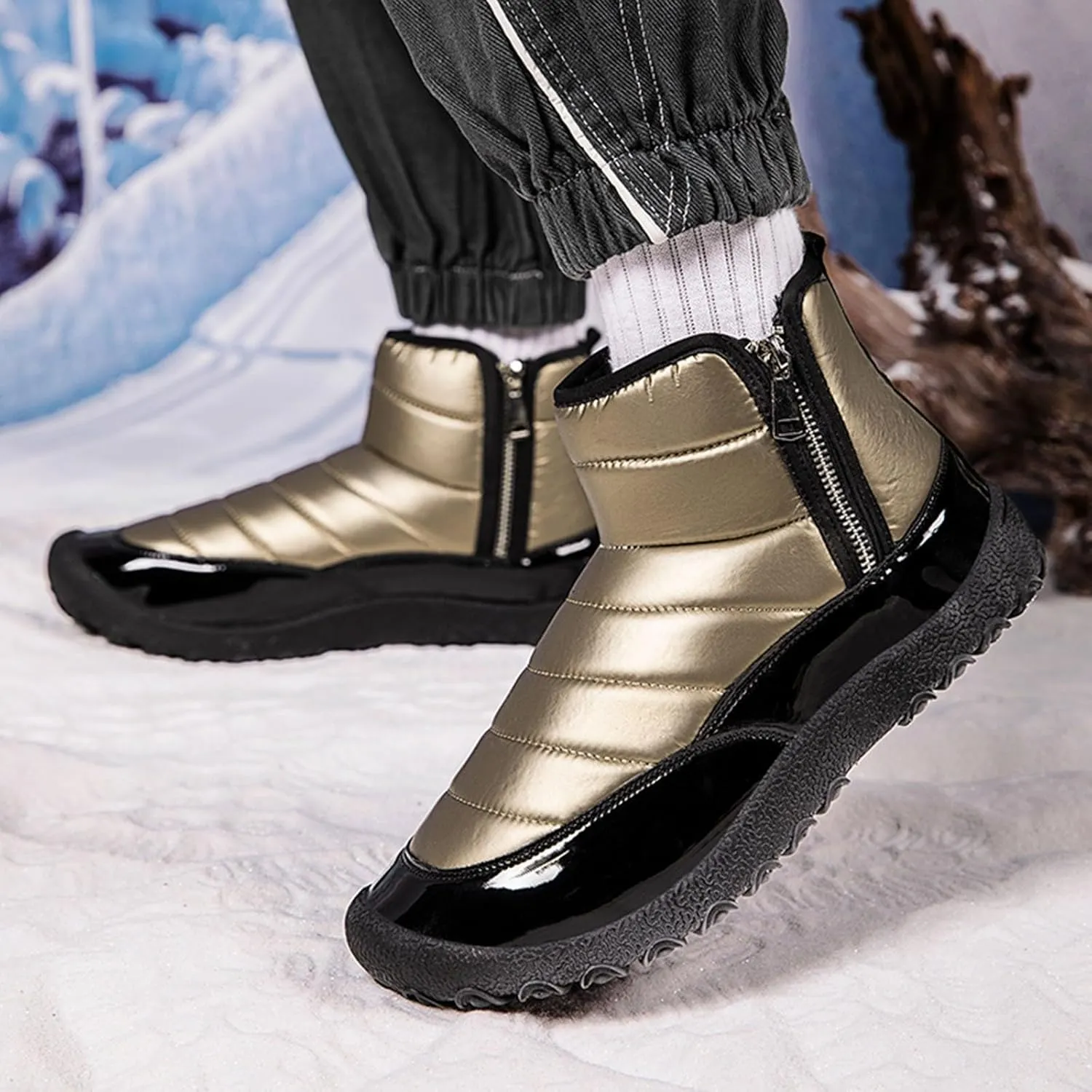Snow Boots for Men Waterproof Warm Furry Lined Winter Boots Side Zipper Cold-Weather Non-Slip Ankle Boots Comfortable Slip on Hiking Walking Shoes Sneakers