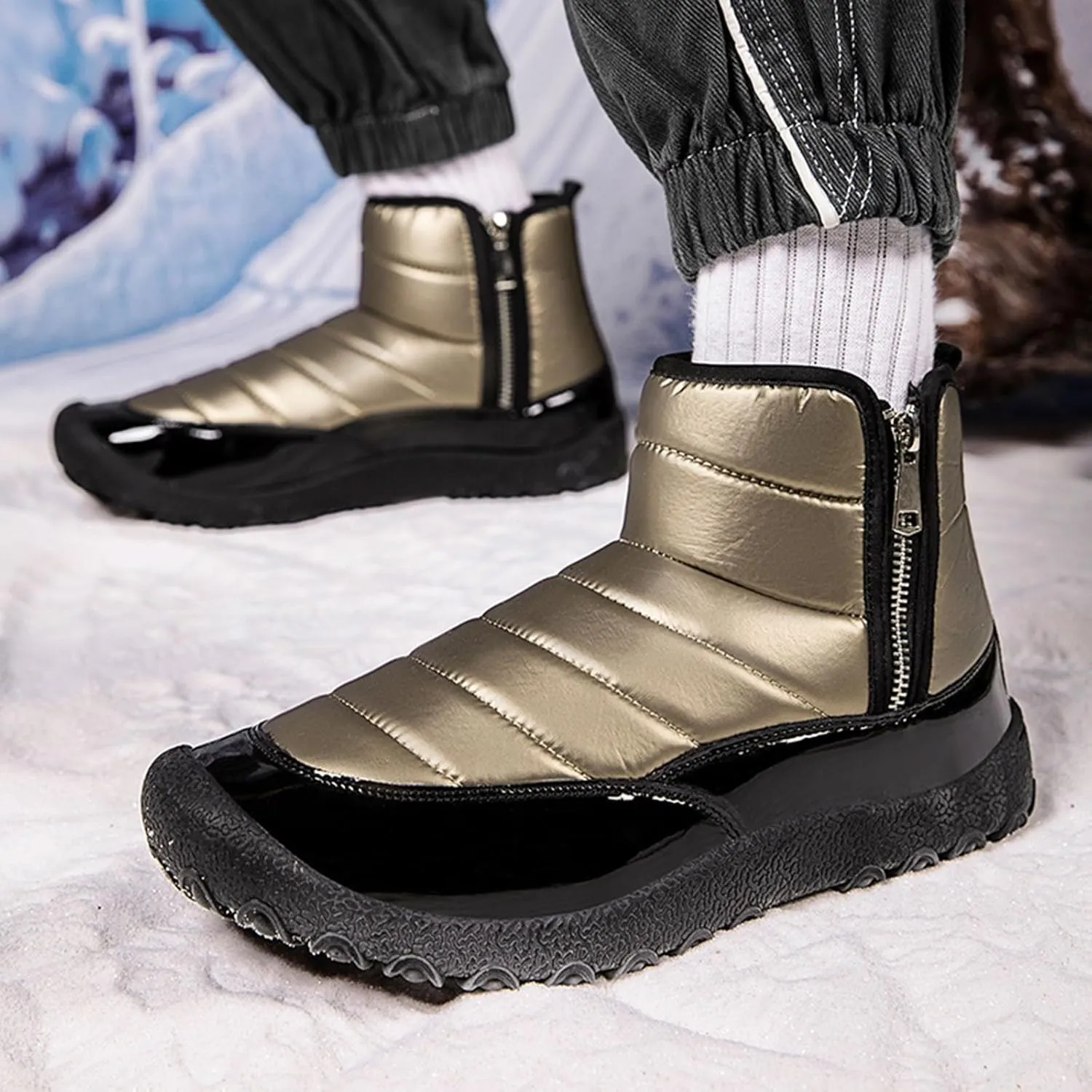 Snow Boots for Men Waterproof Warm Furry Lined Winter Boots Side Zipper Cold-Weather Non-Slip Ankle Boots Comfortable Slip on Hiking Walking Shoes Sneakers